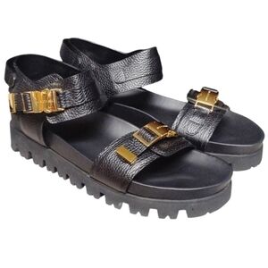 BUSCEMI | Black Leather Lug Sole Platform Sandals Gold Buckle Size 48 / US 15